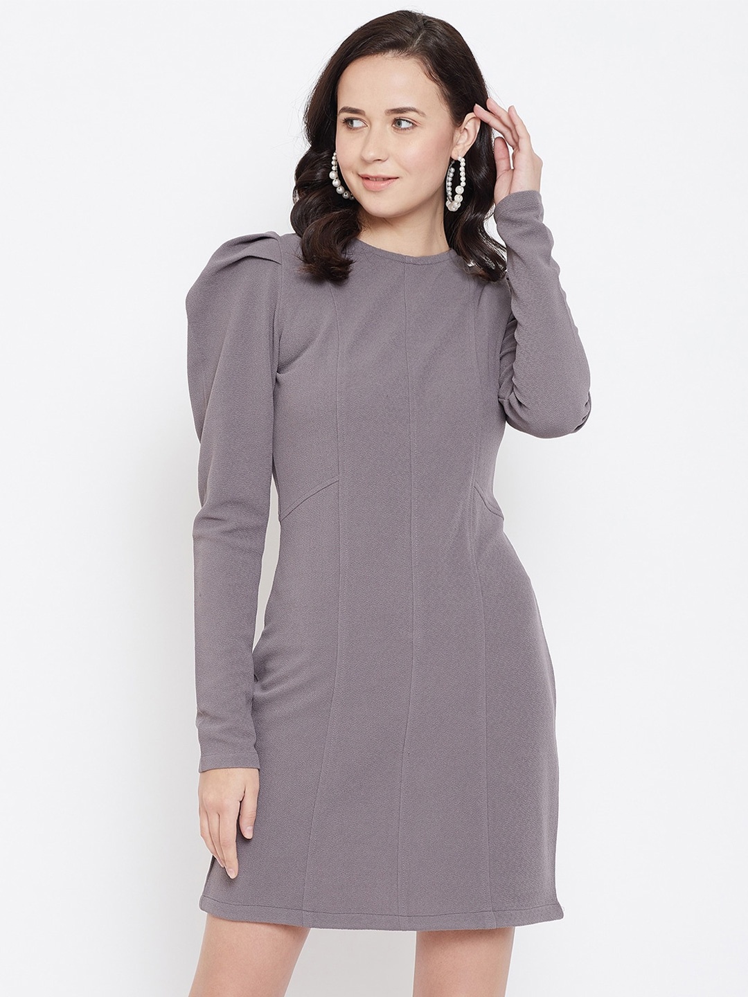 

Zastraa Puff Sleeves Crepe Sheath Dress, Grey