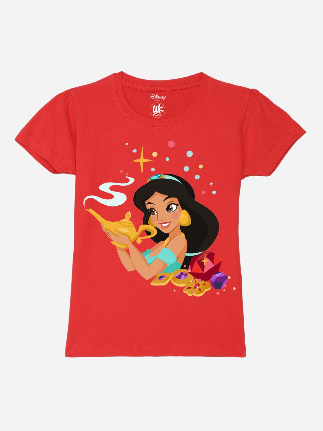 

YK Disney Girls Disney Jasmin Printed Pure Cotton Round Neck Applique T-shirt, Red