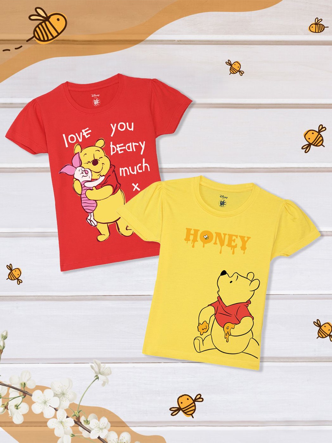 

YK Disney Girls Pack of 2 Winnie The Pooh Printed Round Neck Pure Cotton Applique T-shirt, Red