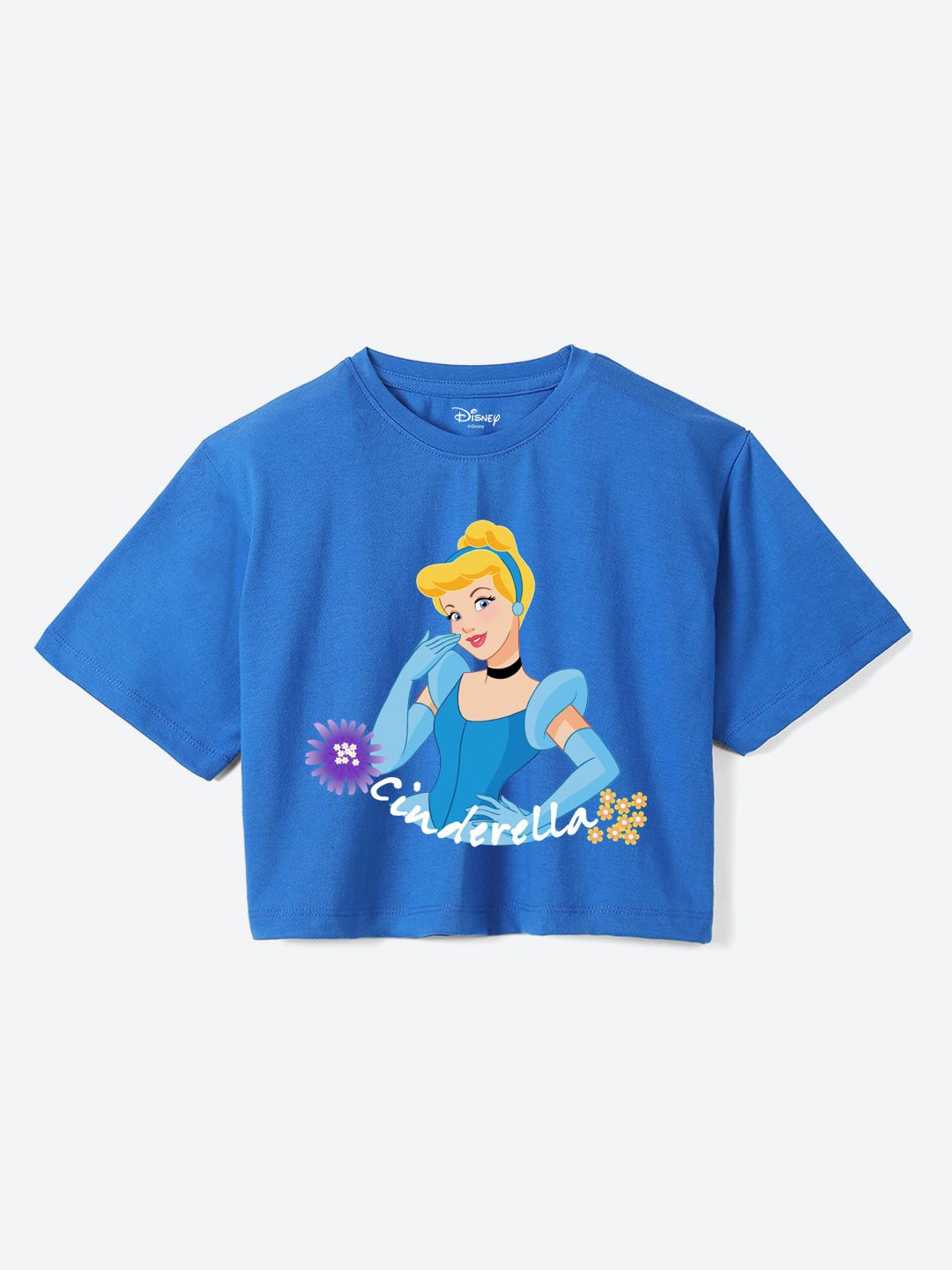 

YK Disney Cinderella Girls Printed Pure Cotton Round Neck Applique Boxy T-shirt, Blue