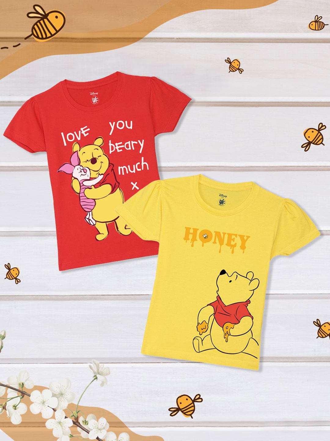 

YK Disney Girls Pack Of 2 Typography Winnie The Pooh Printed Pure Cotton T-shirts, Red