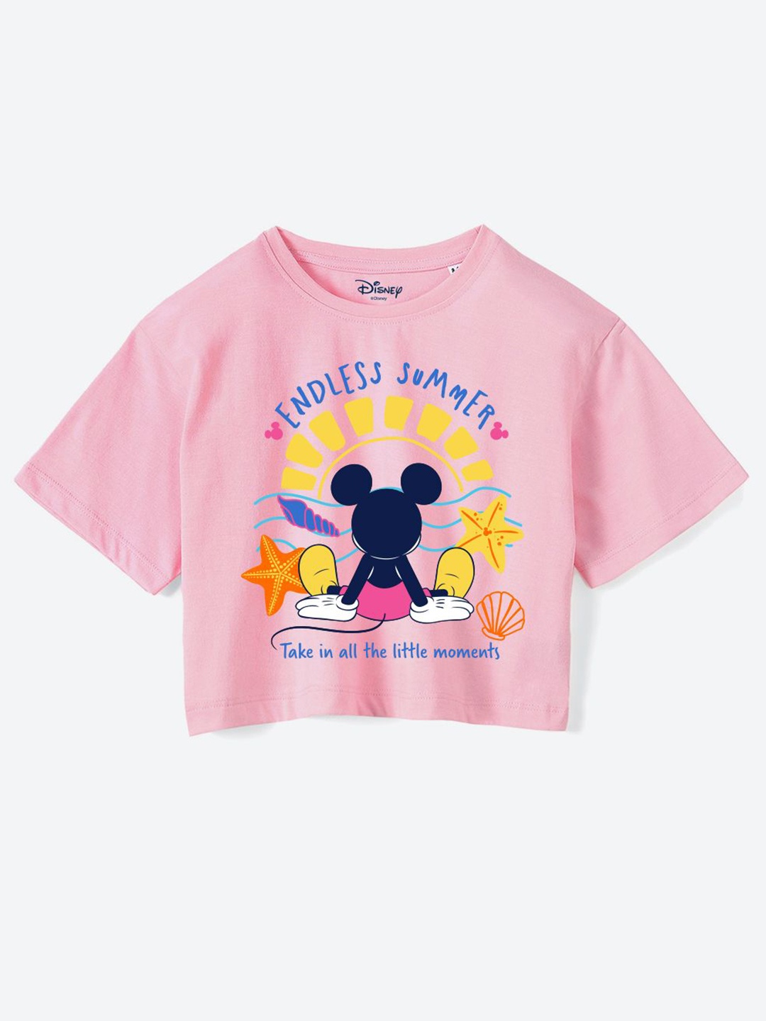 

YK Disney Girls Mickey Mouse Printed Pure Cotton Applique Boxy T-shirt, Pink