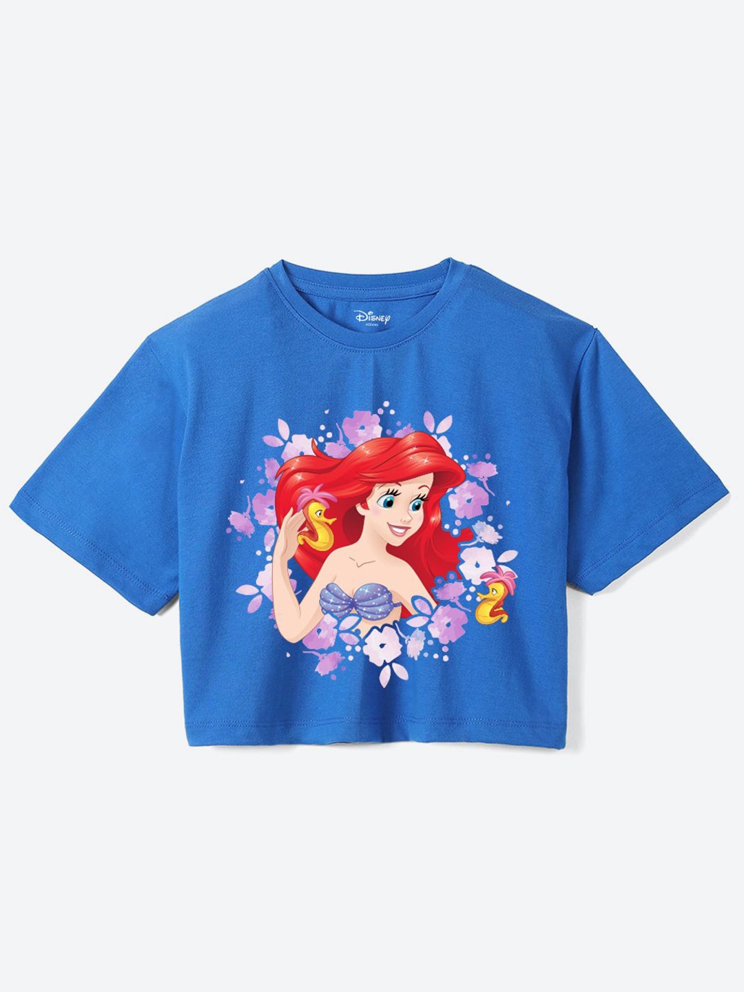 

YK Disney Girls Graphic Disney Princess Printed Pure Cotton Boxy T-shirt, Blue