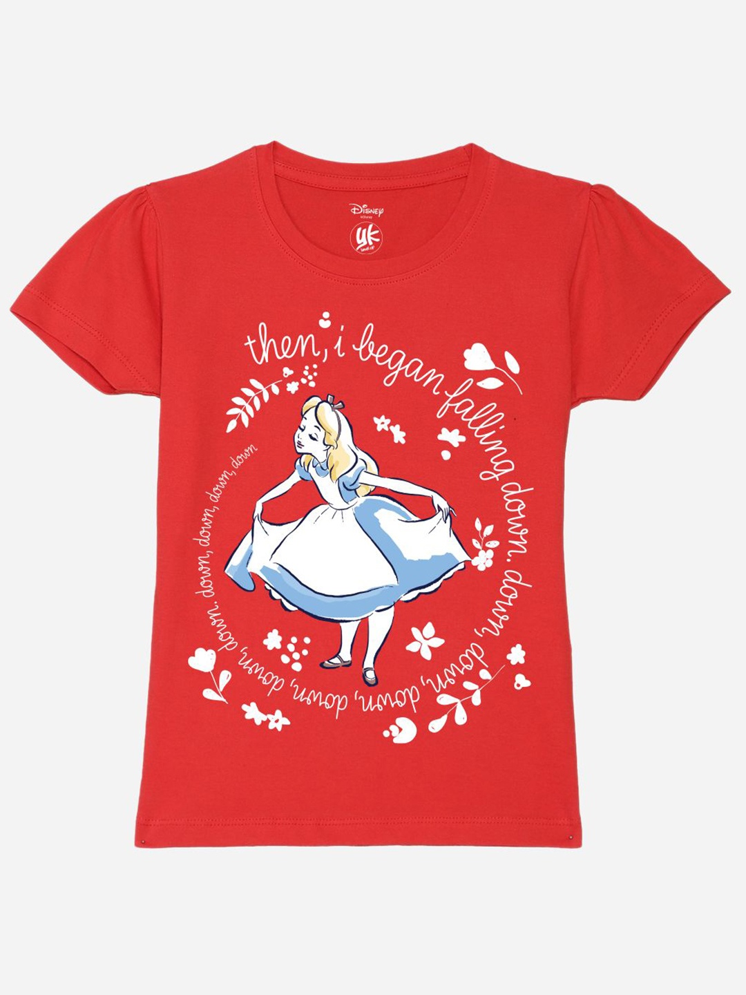 

YK Disney Alice in Wonderland Girls Printed Pure Cotton Applique T-shirt, Red