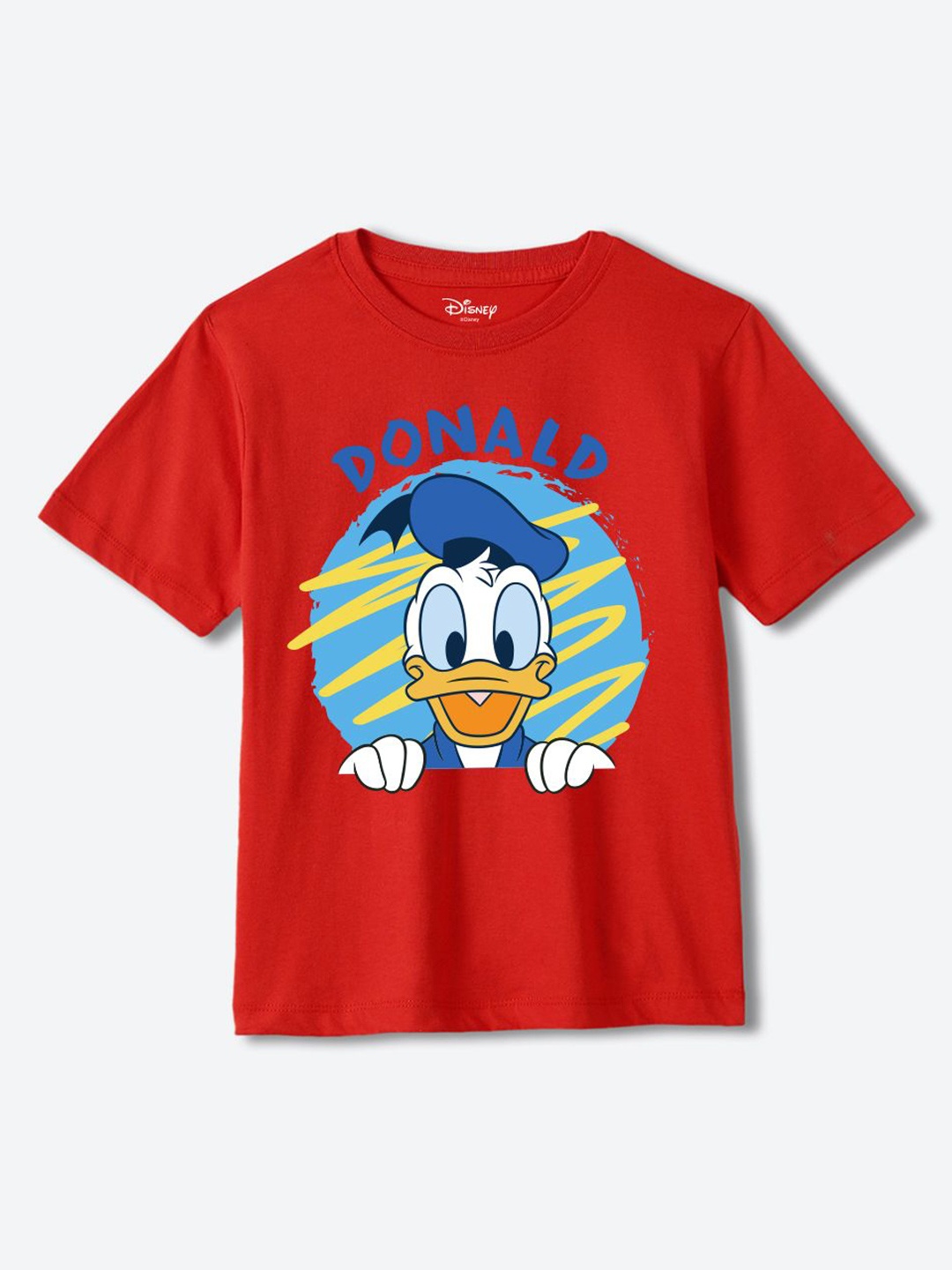 YK Disney Boys Typography Donald Duck Printed Pure Cotton Raw Edge T-shirt, Red