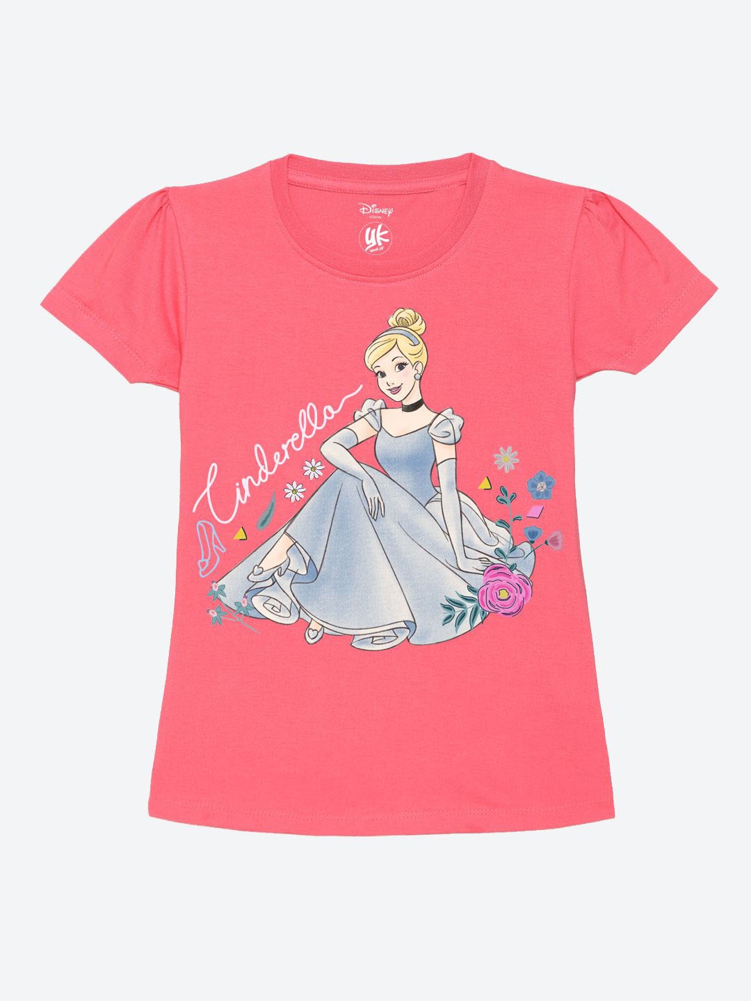 

YK Disney Girls Cinderella Printed Round Neck Pure Cotton T-shirt, Pink