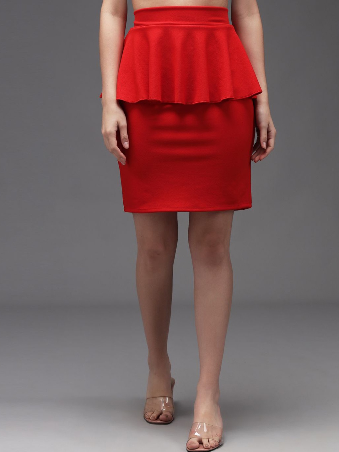 

TANDUL Straight Above Knee Peplum Skirt, Red