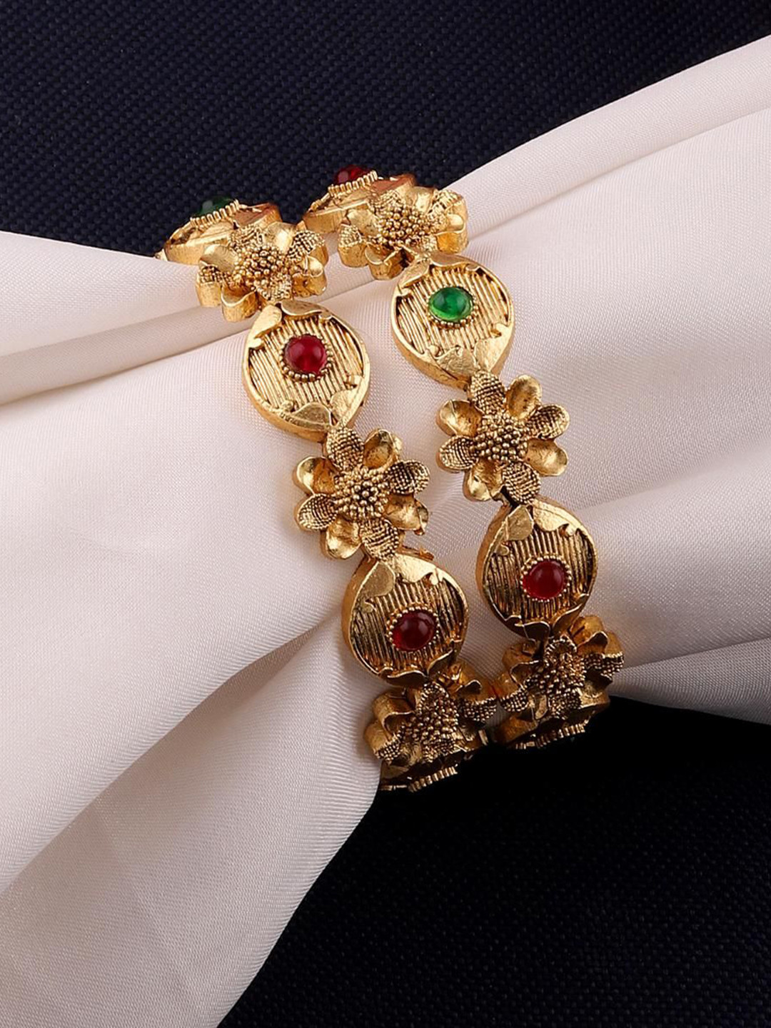 

MANSIYAORANGE Set Of 2 Gold Plated Artificial Stones and Beads Studded Bangles