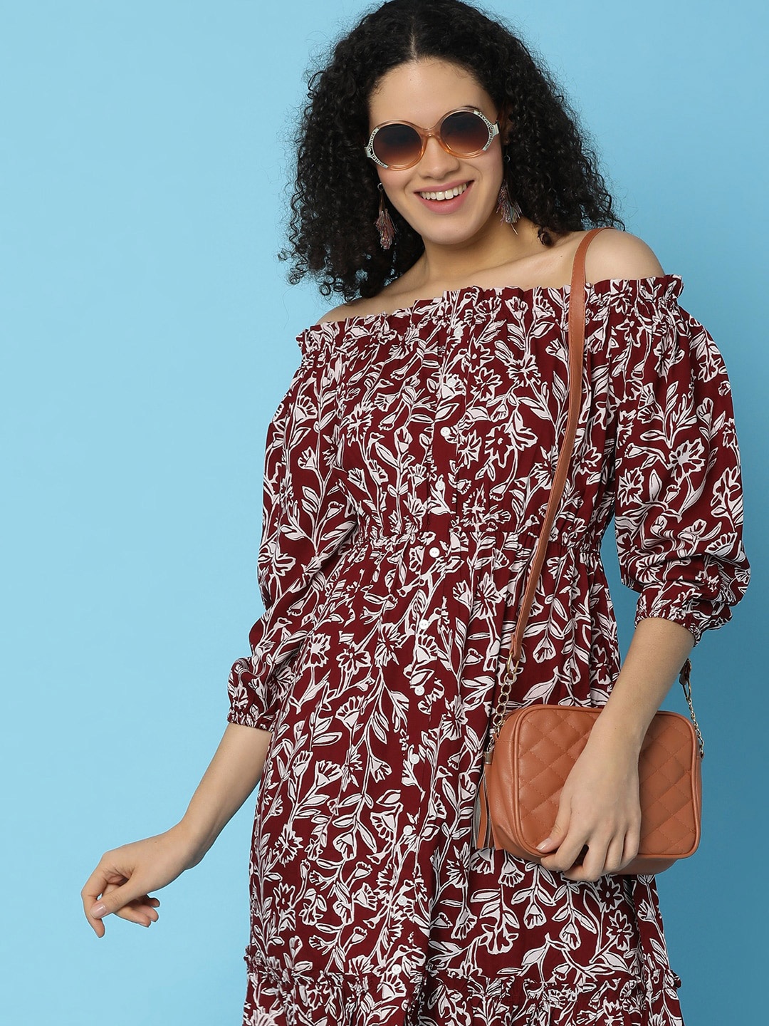 

UNLIMITED Floral Print Off-Shoulder Puff Sleeve A-Line Midi Dress, Maroon