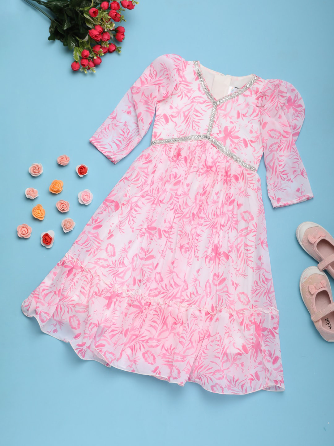 

V-Mart Girls Floral Printed Cotton Fit & Flare Dress, Off white