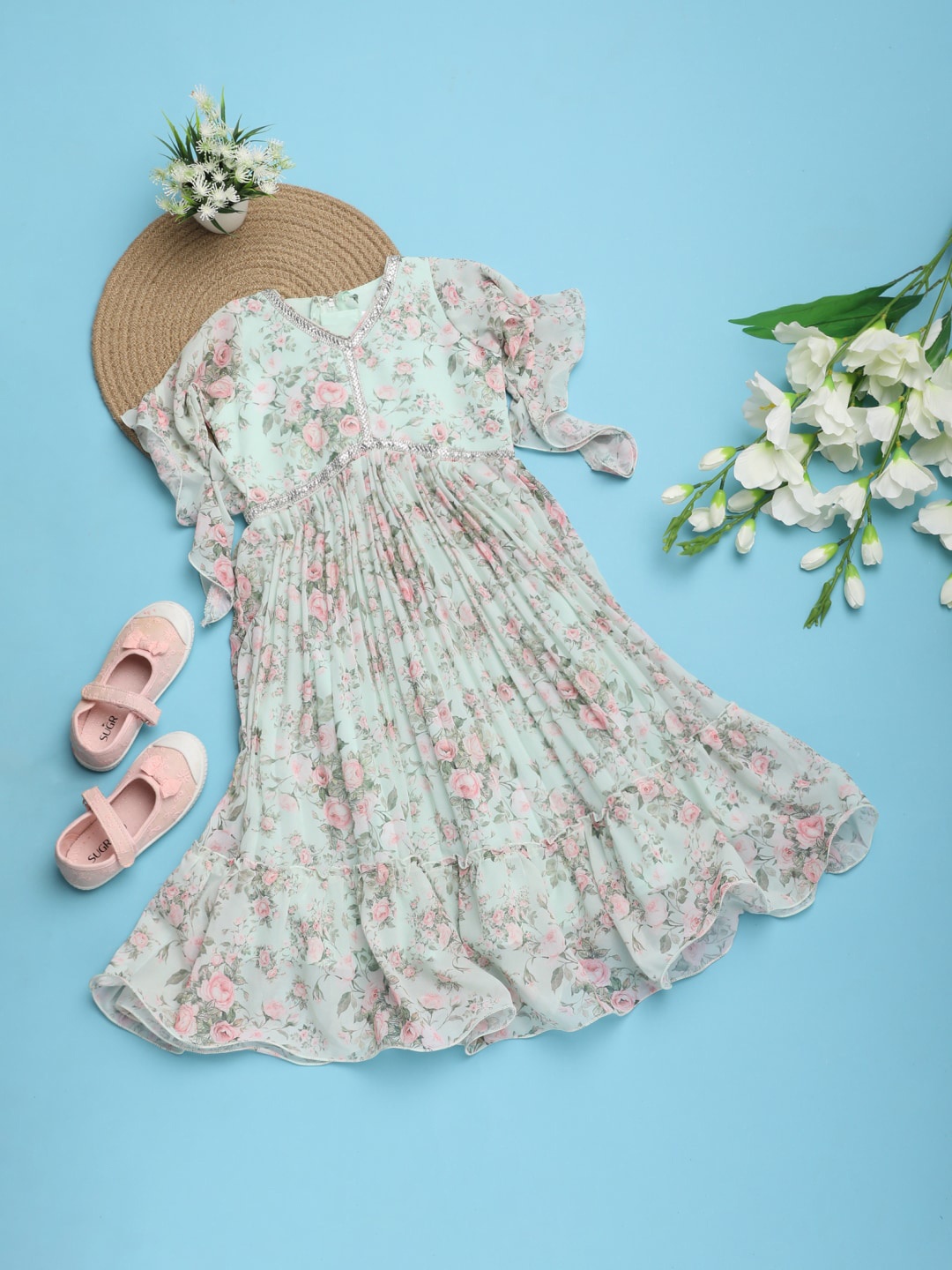 

V-Mart Floral Print Flutter Sleeve Fit & Flare Dress, Green