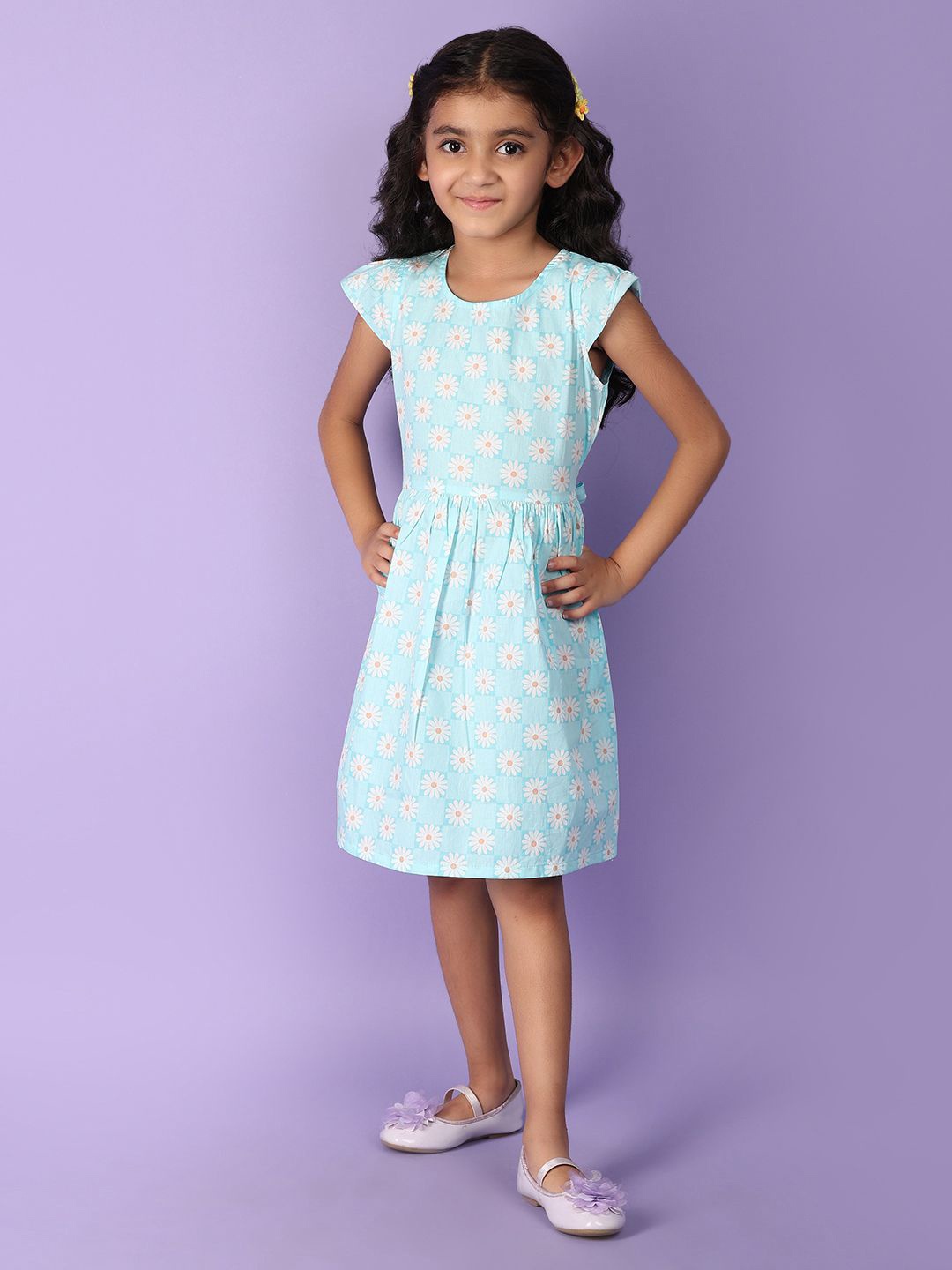 

V-Mart Floral Print Flutter Sleeve Fit and Flare Dress, Blue