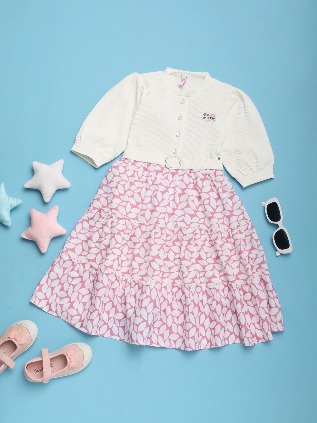 

V-Mart Floral Print Puff Sleeve Fit & Flare Dress, White