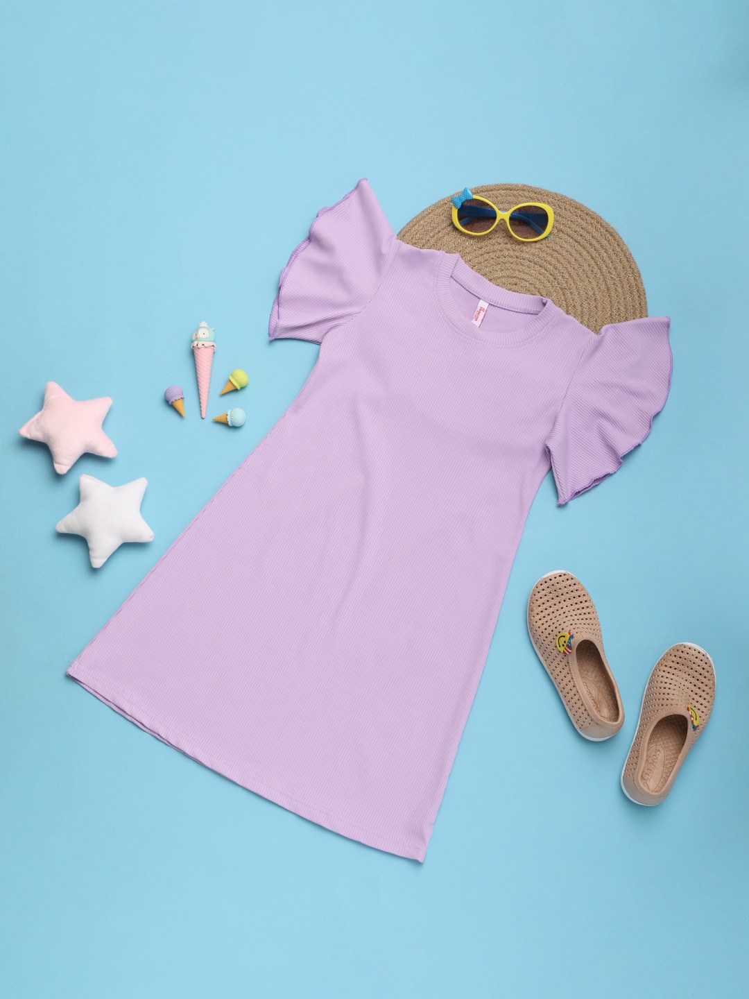 

V-Mart Flutter Sleeve Fit & Flare Dress, Purple