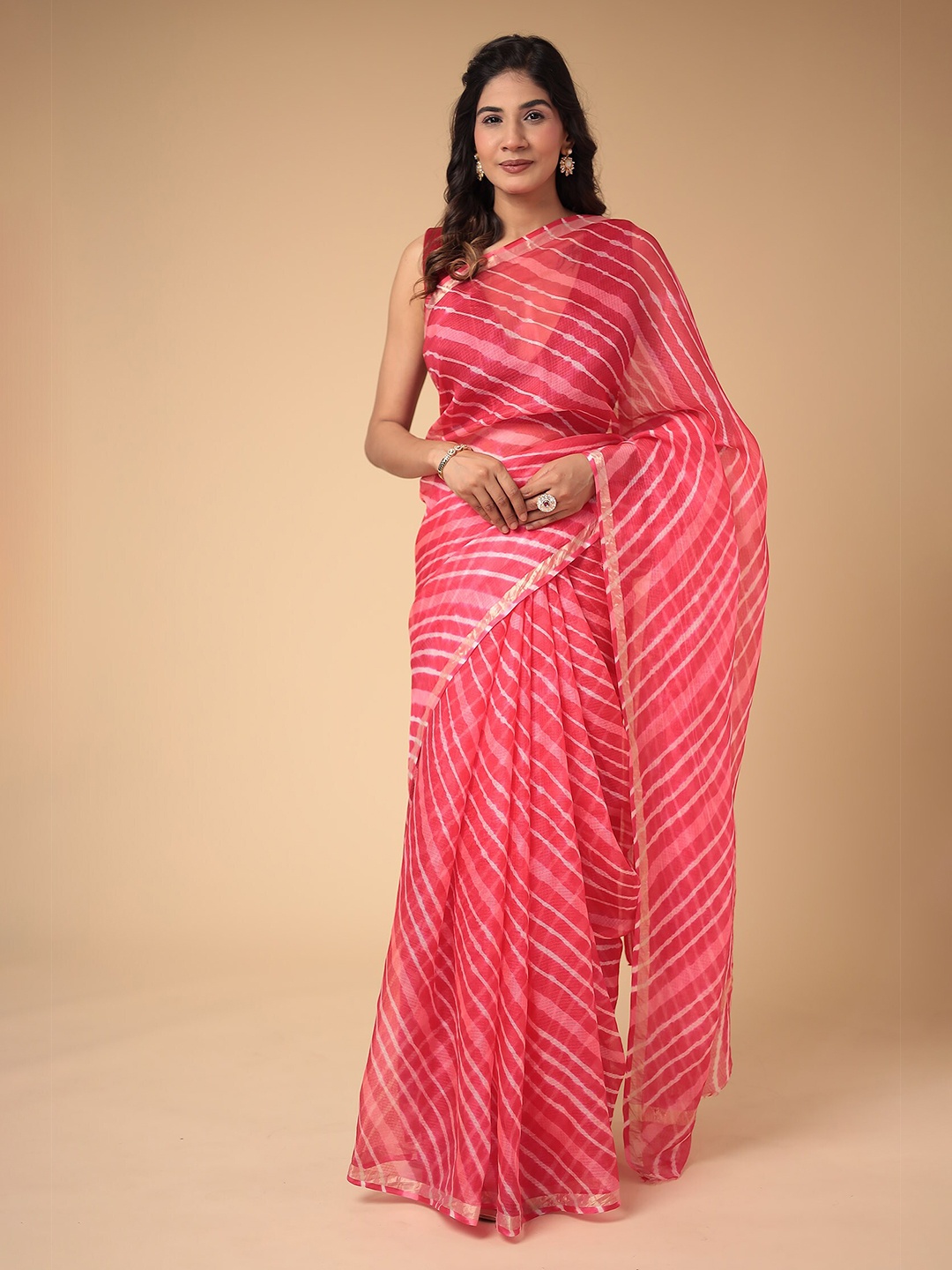 

ZARI Leheriya Gotta Patti Pure Cotton Leheriya Saree, Peach