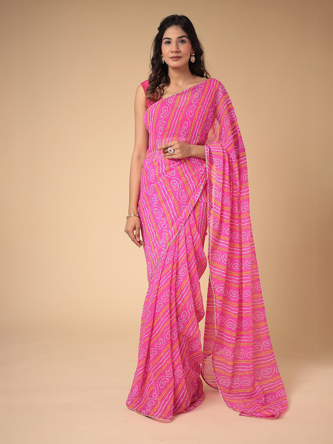 

ZARI Bandhani Gotta Patti Pure Georgette Saree, Pink