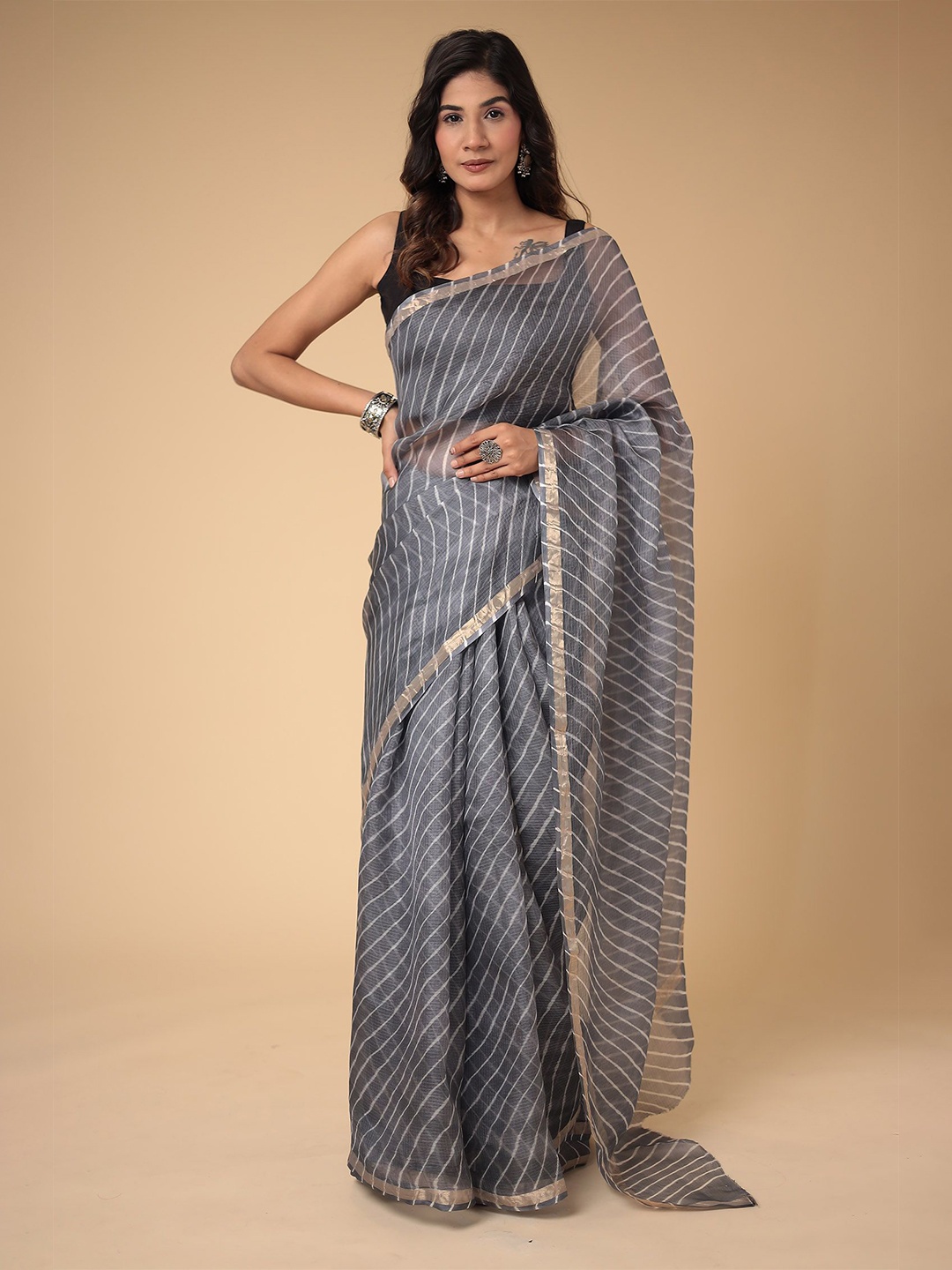 

ZARI Leheriya Zari Pure Cotton Leheriya Saree, Grey