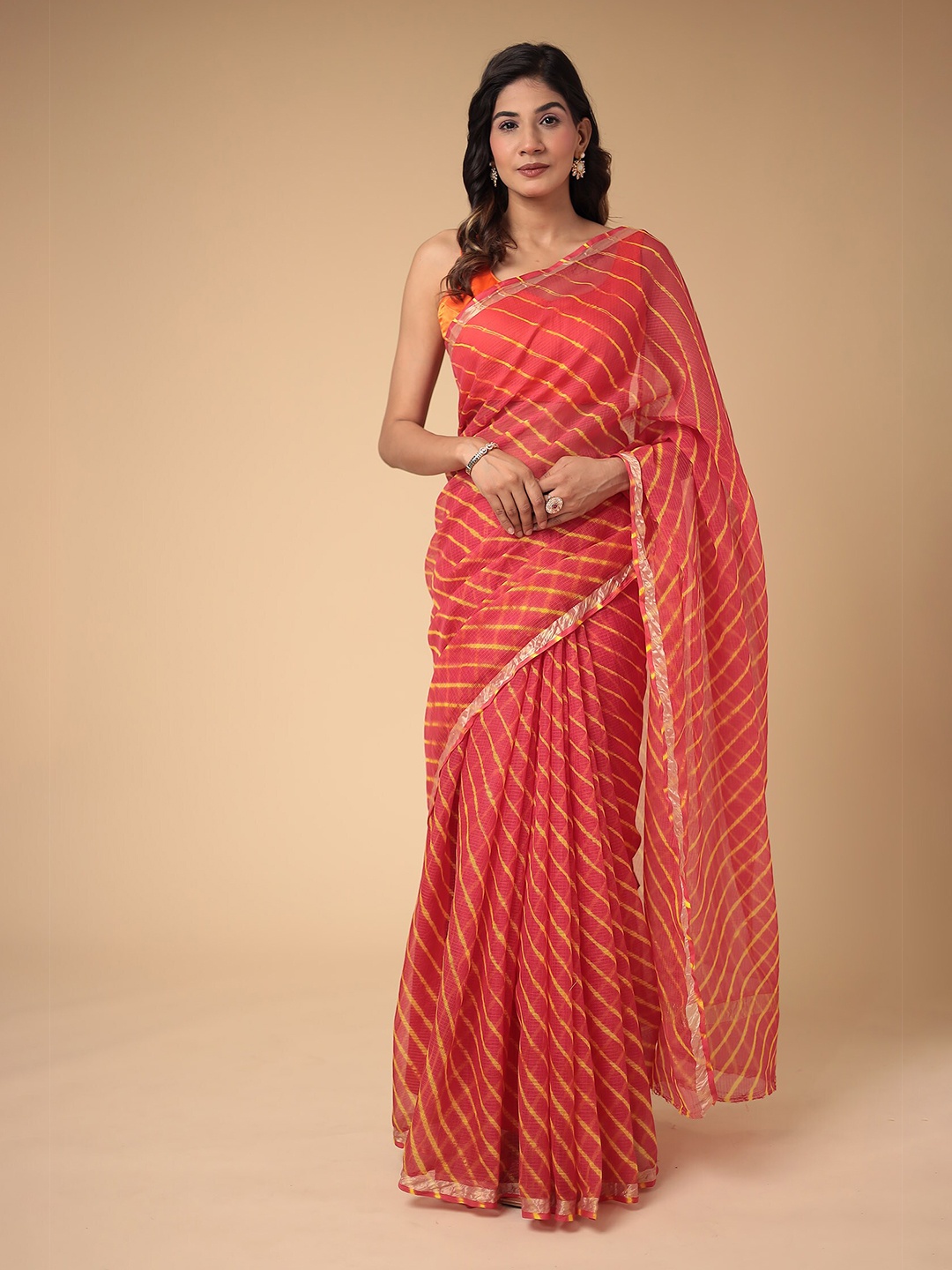 

ZARI Leheriya Zari Pure Cotton Leheriya Saree, Red