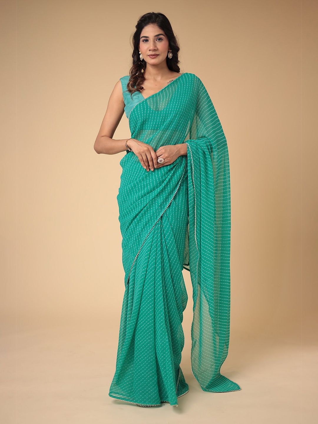

ZARI Geometric Embellished Leheriya Saree, Green
