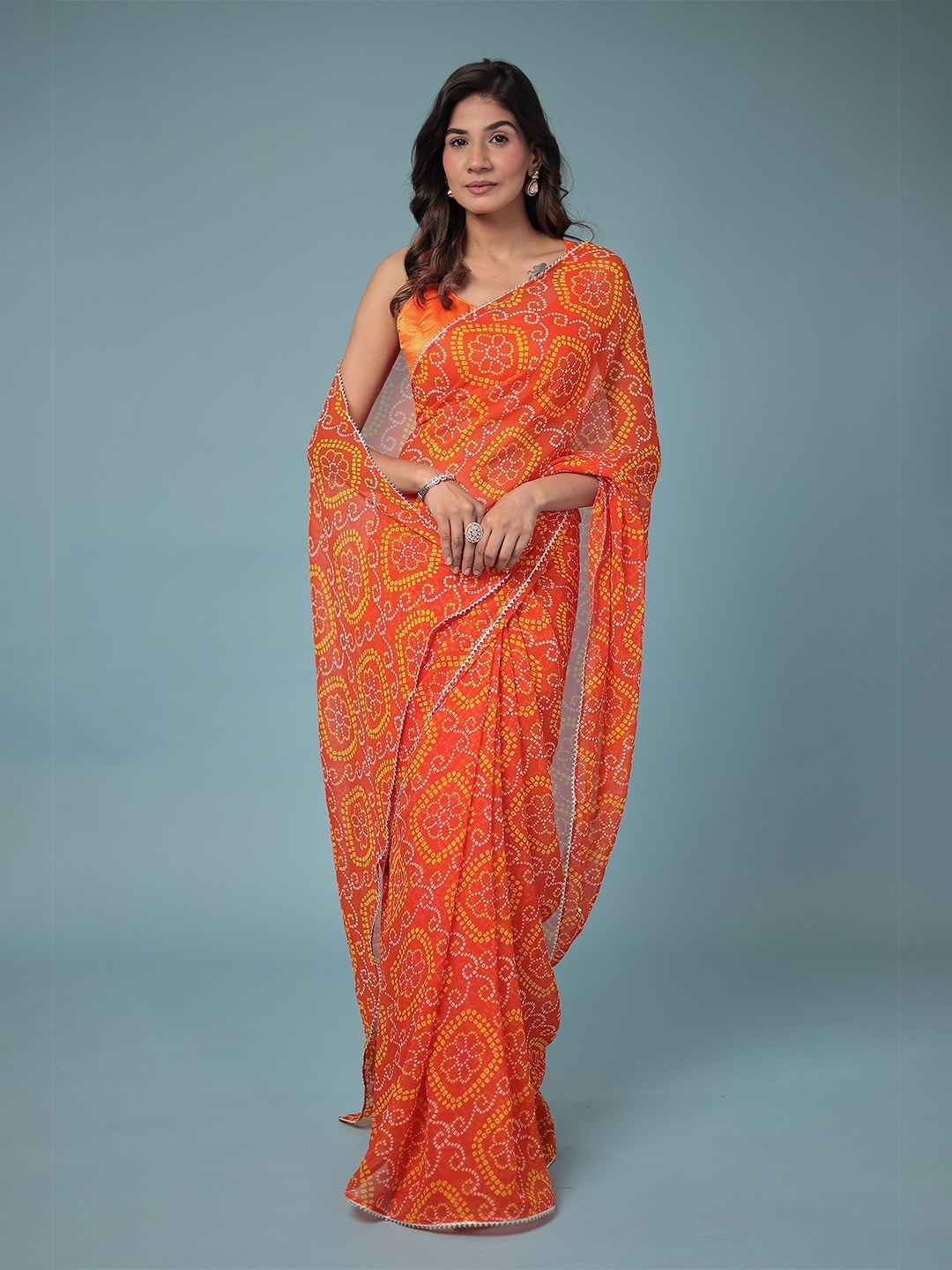 

ZARI Bandhani Gotta Patti Pure Georgette Banarasi Saree, Orange