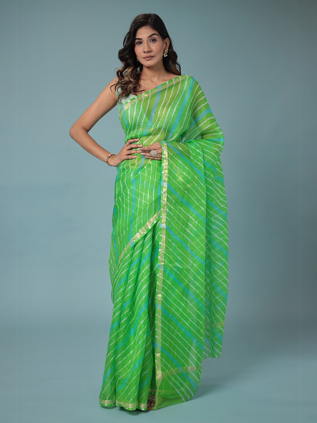 

ZARI Leheriya Zari Pure Cotton Leheriya Saree, Green