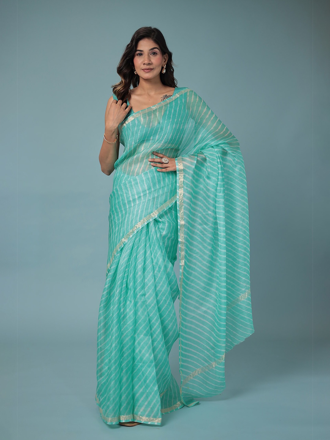 

ZARI Leheriya Print Zari Pure Cotton Saree, Green