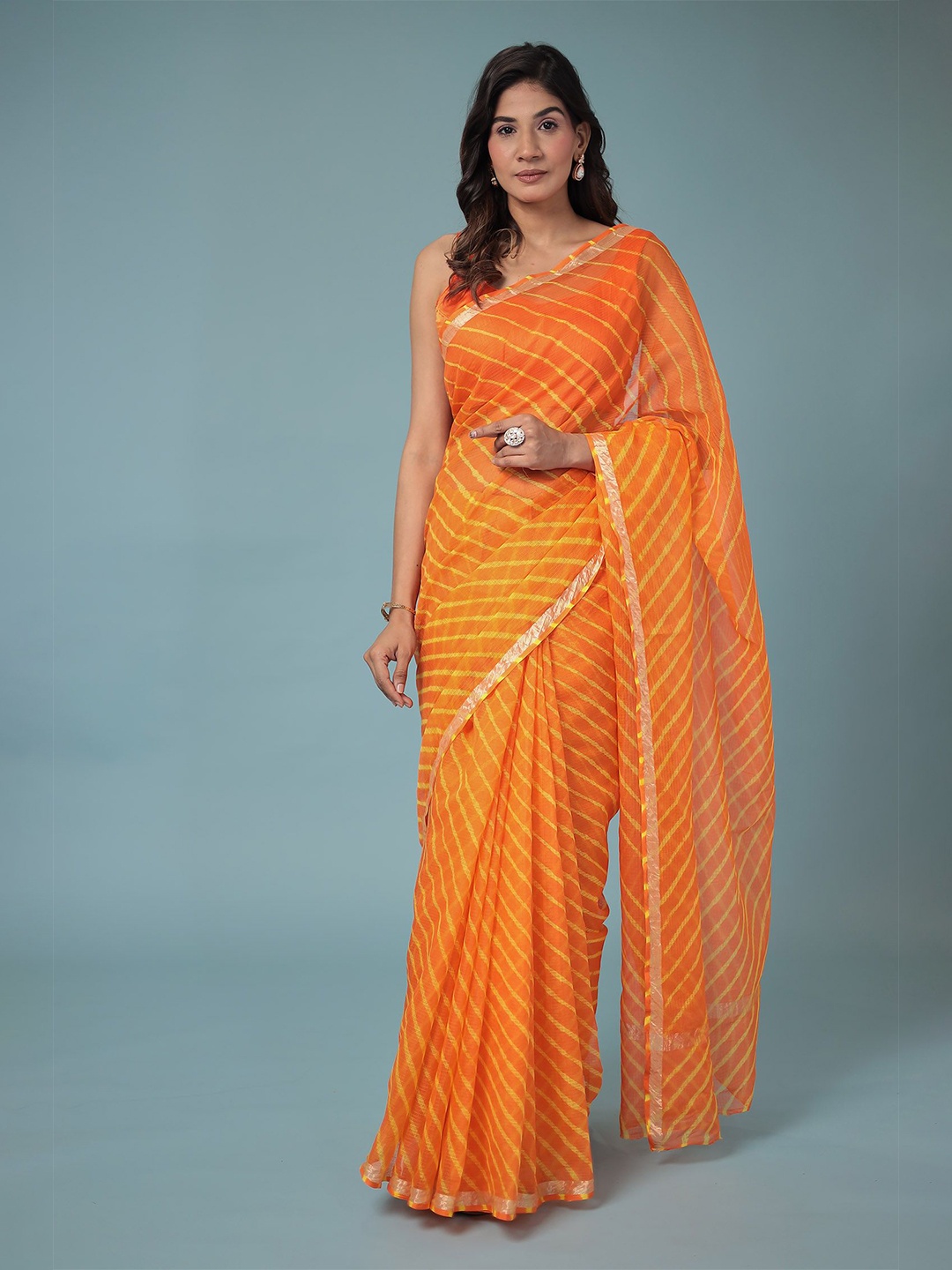 

ZARI Leheriya Zari Pure Cotton Leheriya Saree, Orange