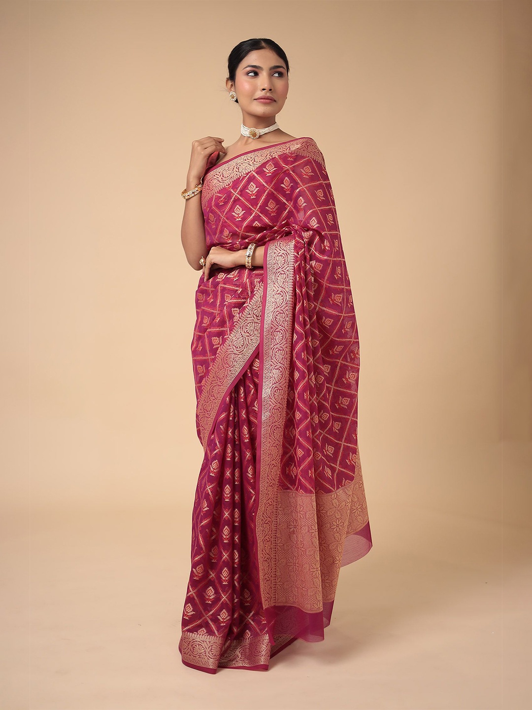 

ZARI Woven Design Zari Organza Saree, Magenta