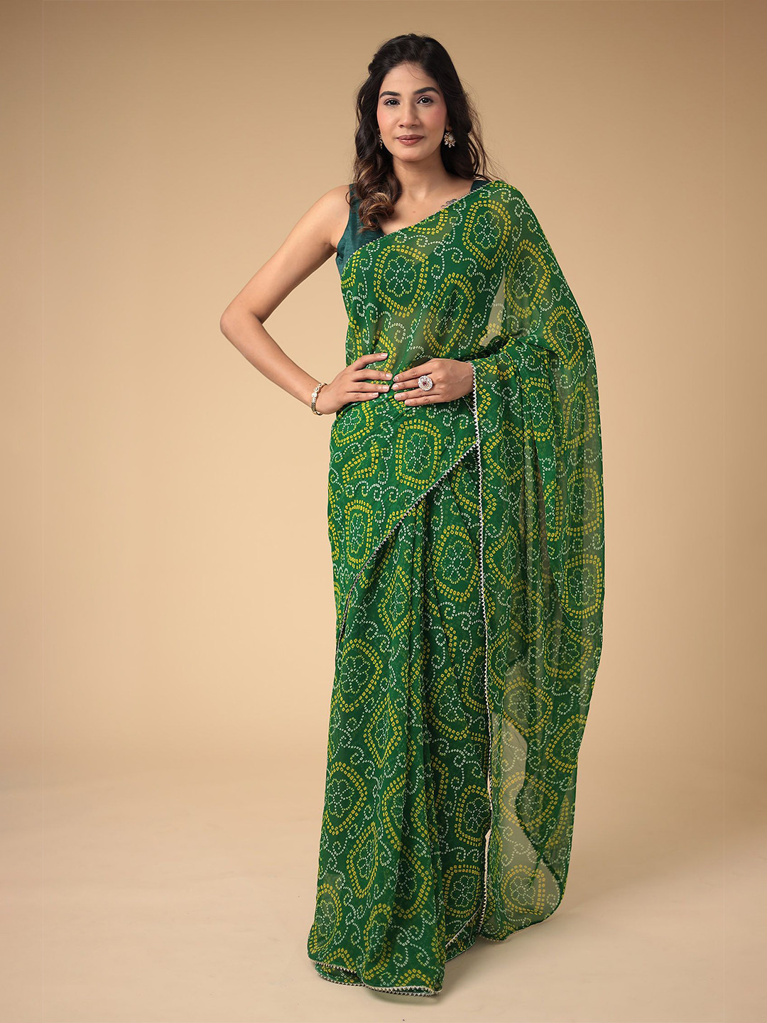 

ZARI Bandhani Printed Saree, Green