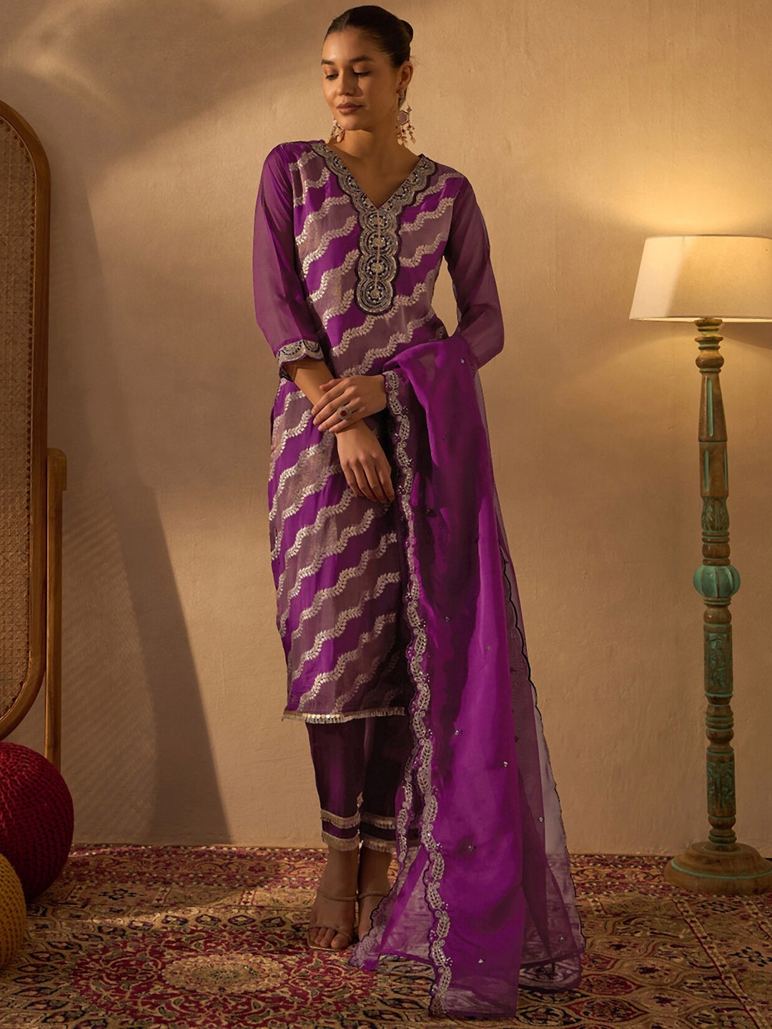 

Anouk Women Embroidered Sequinned Kurta with Trousers & With Dupatta, Violet