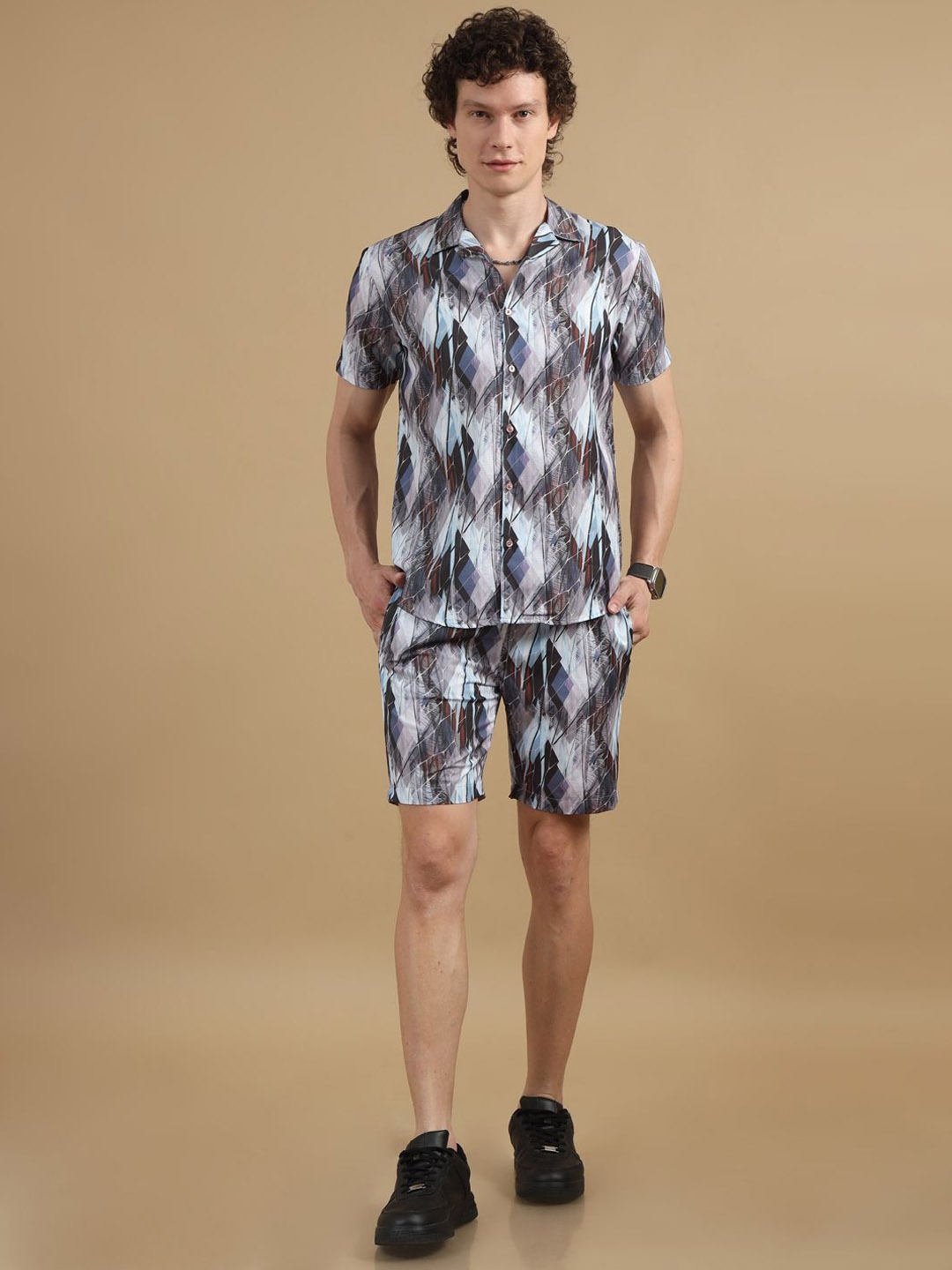 

Bushirt Printed Shirt With Shorts Co-Ords Set, Grey