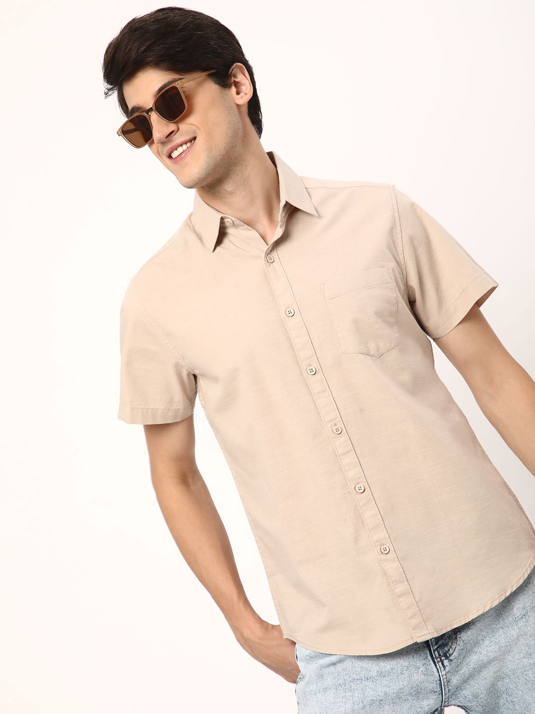 

R&B Men Solid Opaque Casual Shirt, Beige