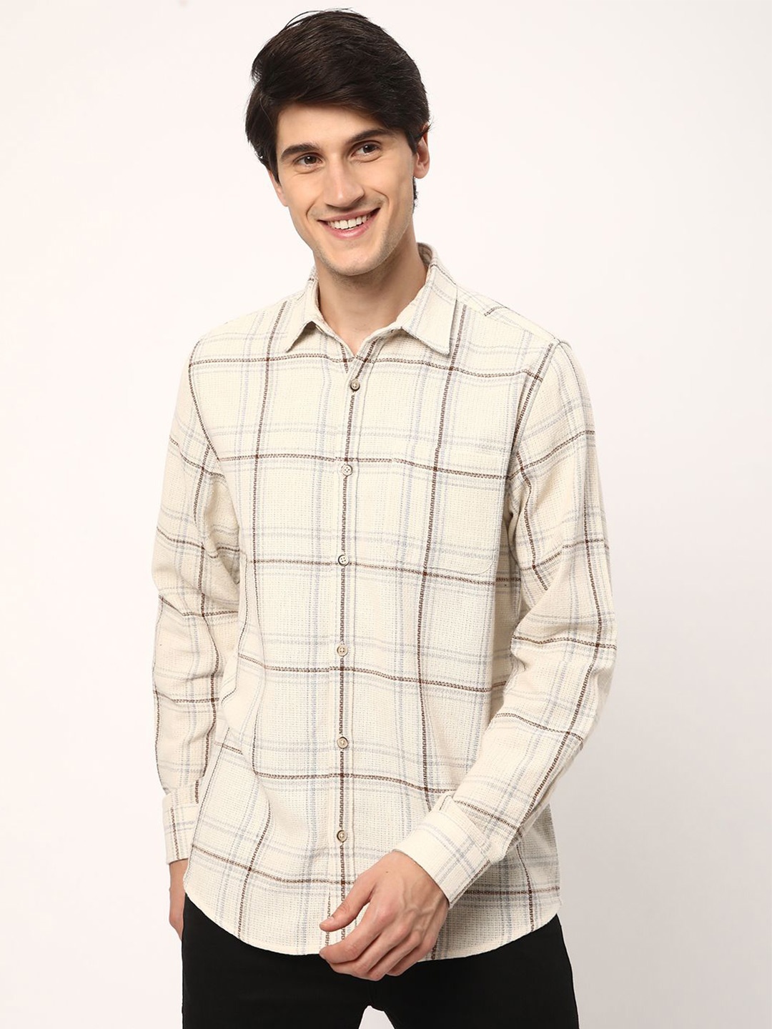 

R&B Men Cotton Windowpane Checks Opaque Checked Casual Shirt, Beige