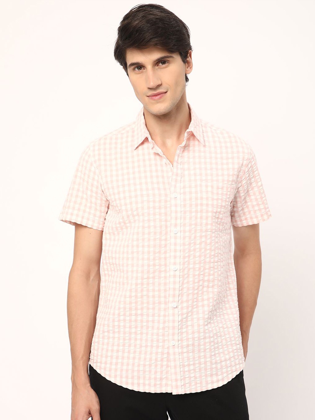 

R&B Men Cotton Gingham Checks Opaque Checked Casual Shirt, Off white