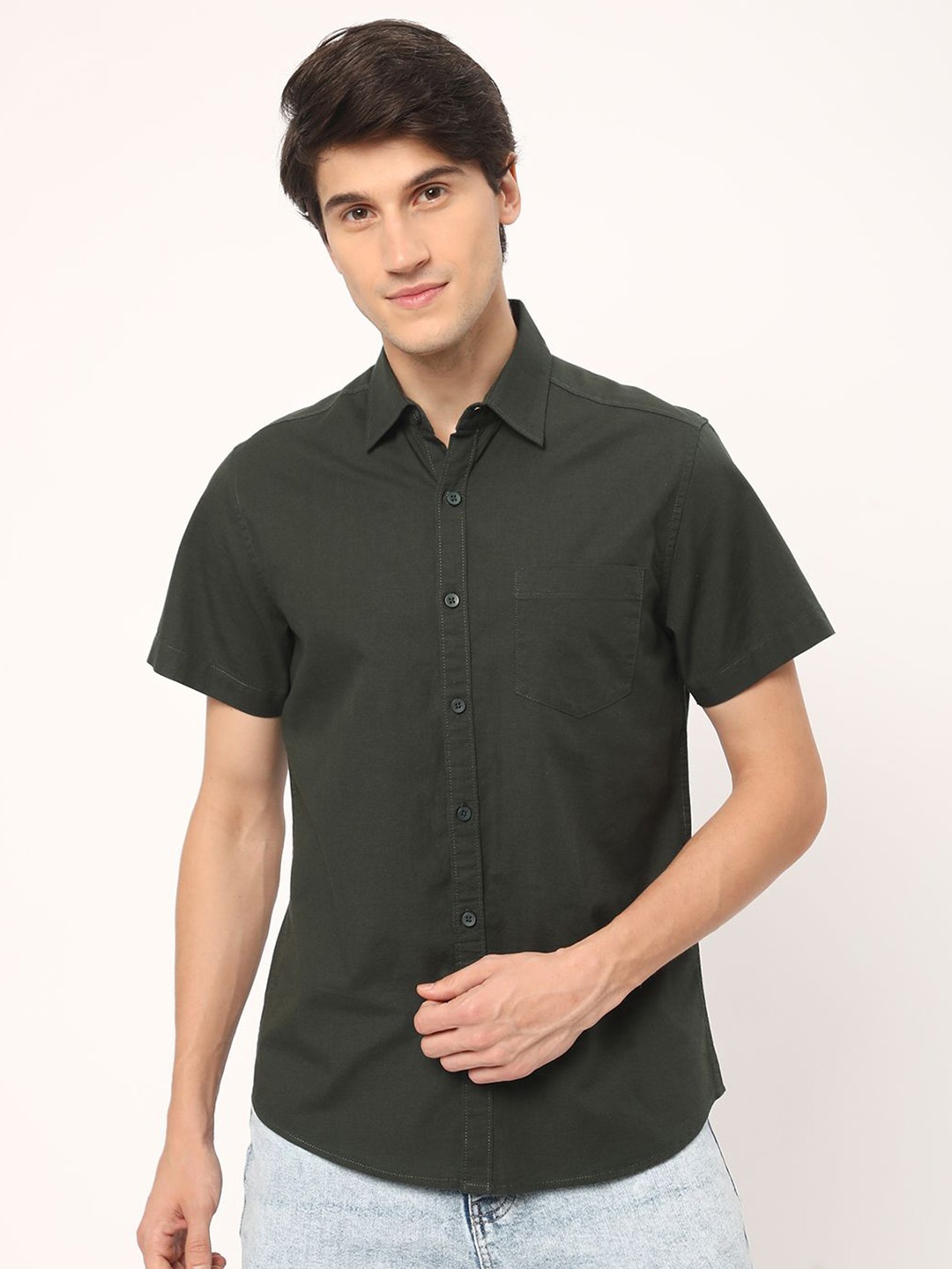 

R&B Men Solid Opaque Casual Shirt, Olive
