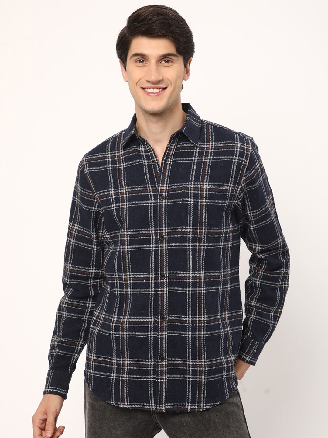

R&B Men Tartan Checks Opaque Checked Casual Shirt, Blue