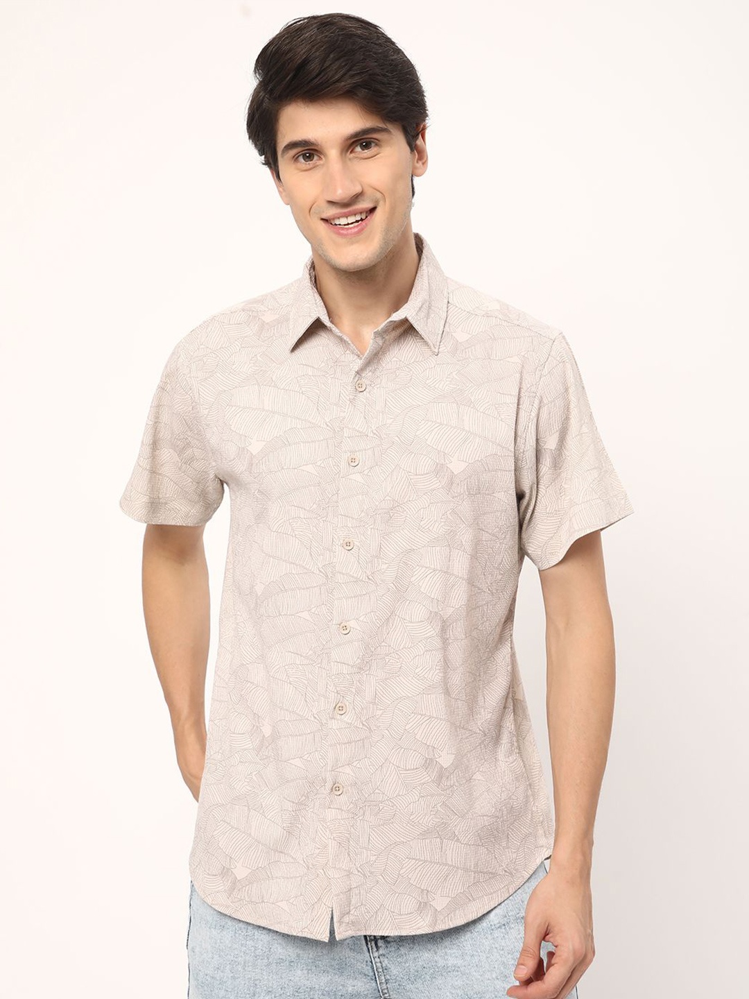 

R&B Men Abstract Printed Opaque Printed Casual Shirt, Beige