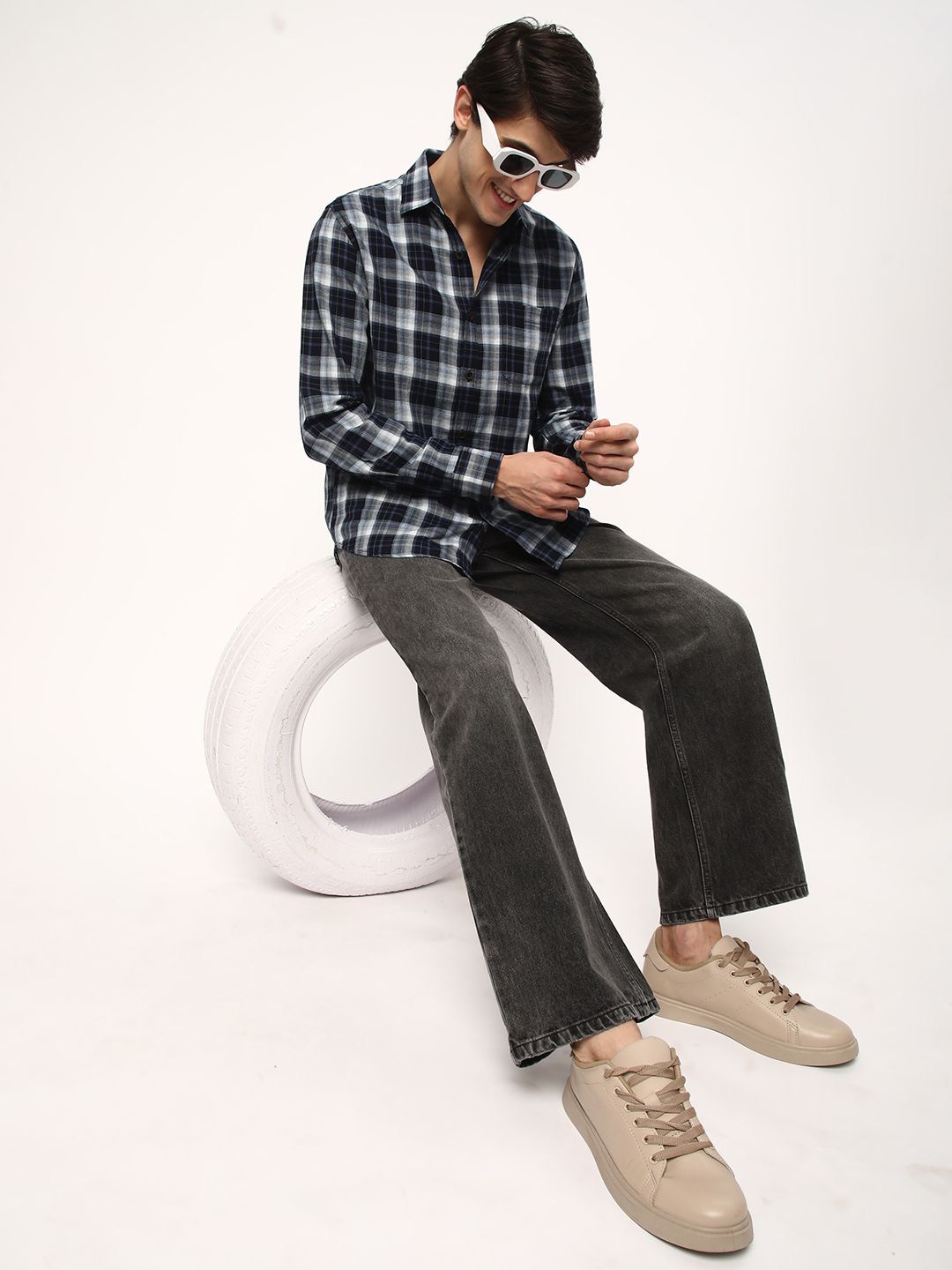 

R&B Men Tartan Checks Opaque Checked Casual Shirt, Blue