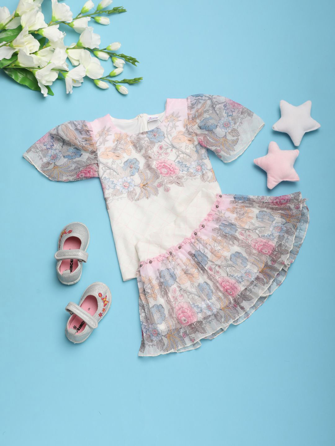 

V-Mart Girls Printed Pure Cotton Top with Skirt, Off white