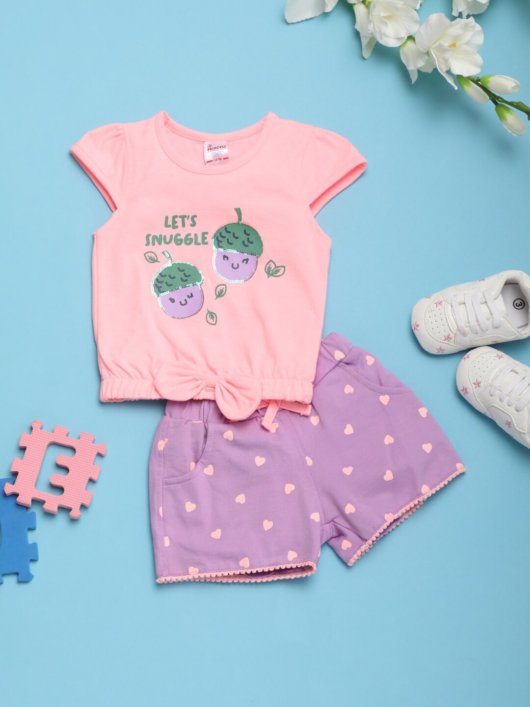 

V-Mart Girls Printed Pure Cotton T-shirt with Shorts, Pink