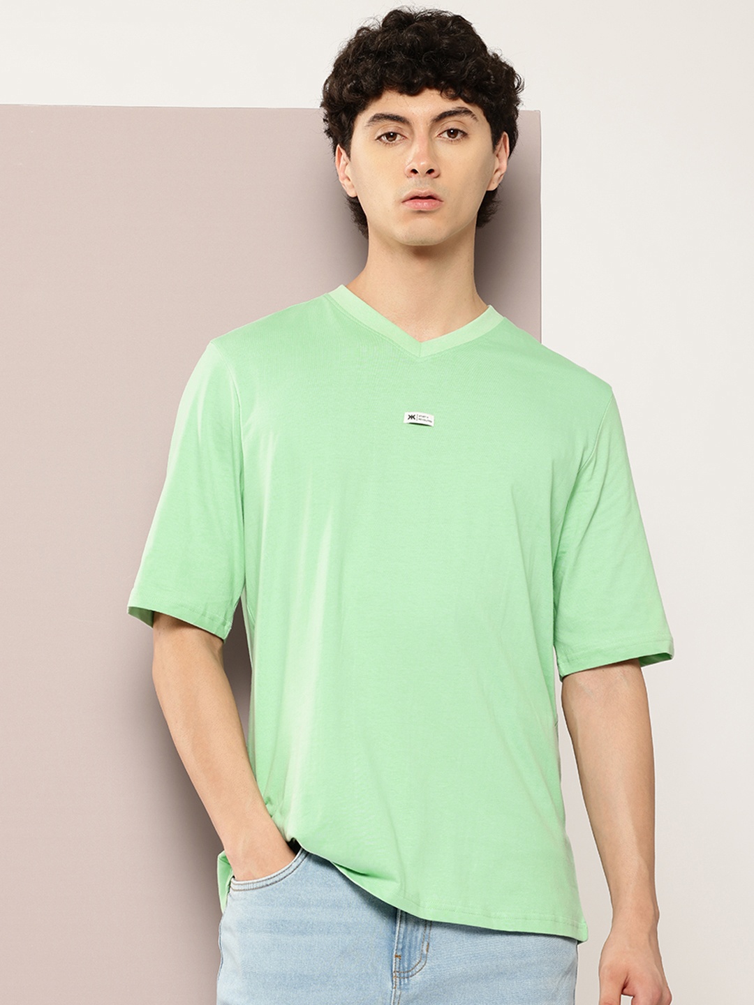 

Kook N Keech V-Neck Drop-Shoulder Sleeves Pure Cotton Oversized T-shirt, Green