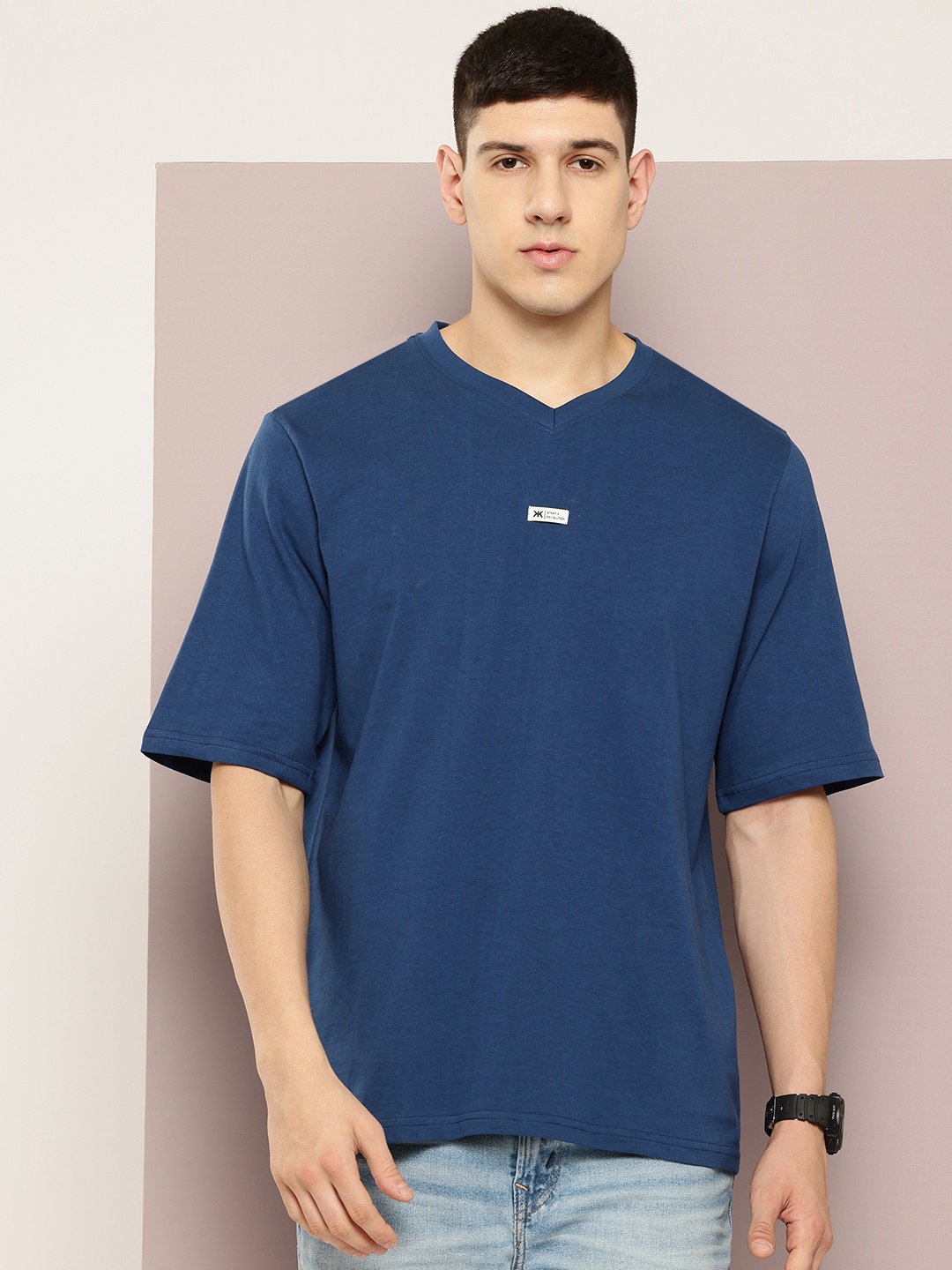 

Kook N Keech V-Neck Drop-Shoulder Sleeves Oversized T-shirt, Navy blue