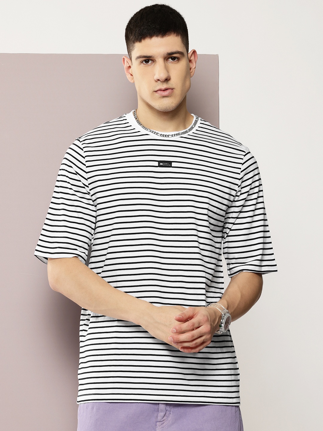 

Kook N Keech Striped Monochrome Pure Cotton Oversized T-shirt, Black