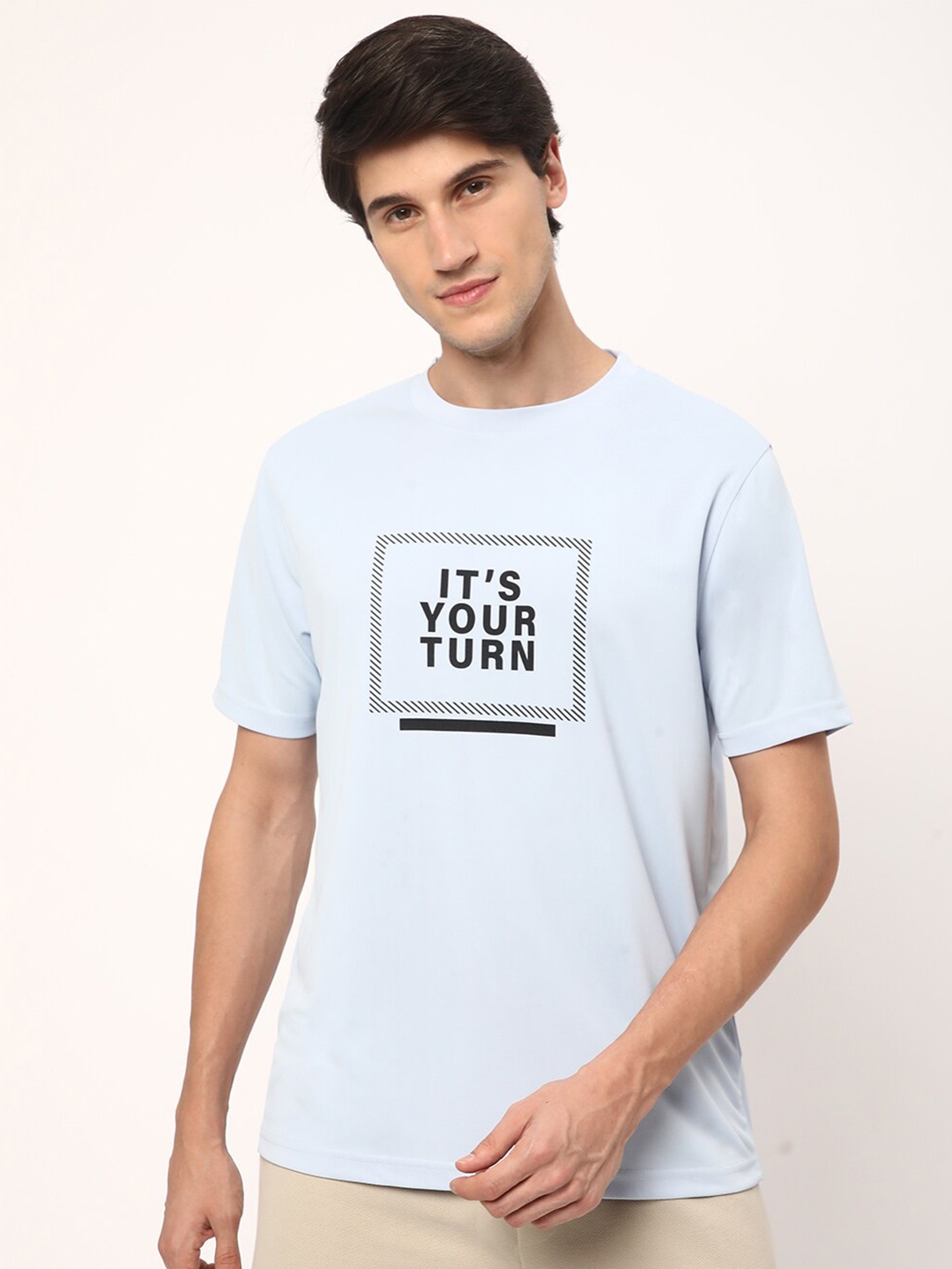 R&B Men Typography Printed Henley Round Neck T-shirt, Blue