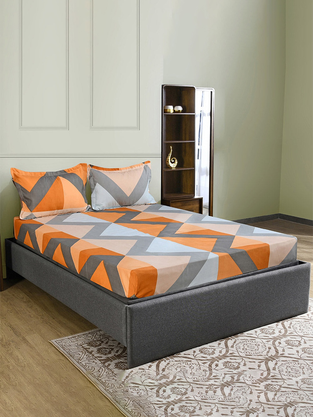 

Athome by Nilkamal Orange & Blue Geometric Queen Bedsheet with 2 Pillow Covers
