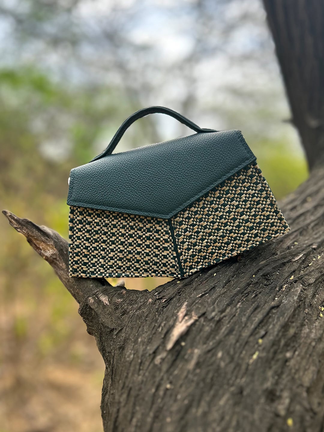 

ADISEE Geometric Printed Structured Handheld Bag with Tasselled, Teal