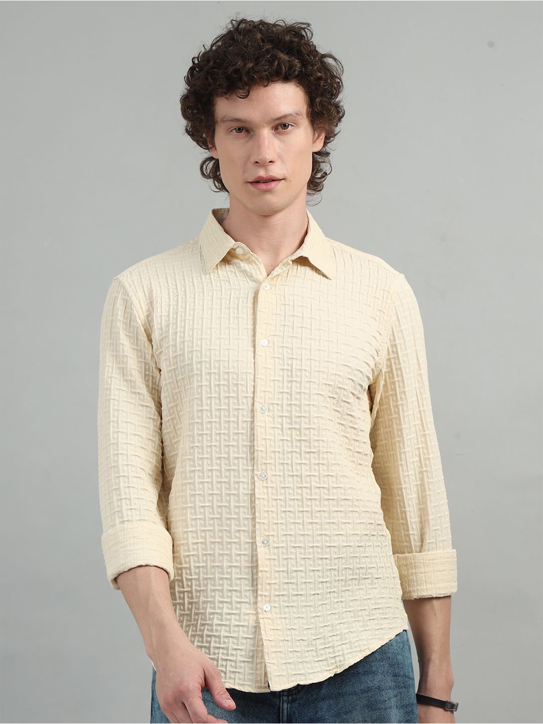

Bushirt Men Comfort Grid Tattersall Checks Semi Sheer Checked Casual Shirt, Cream