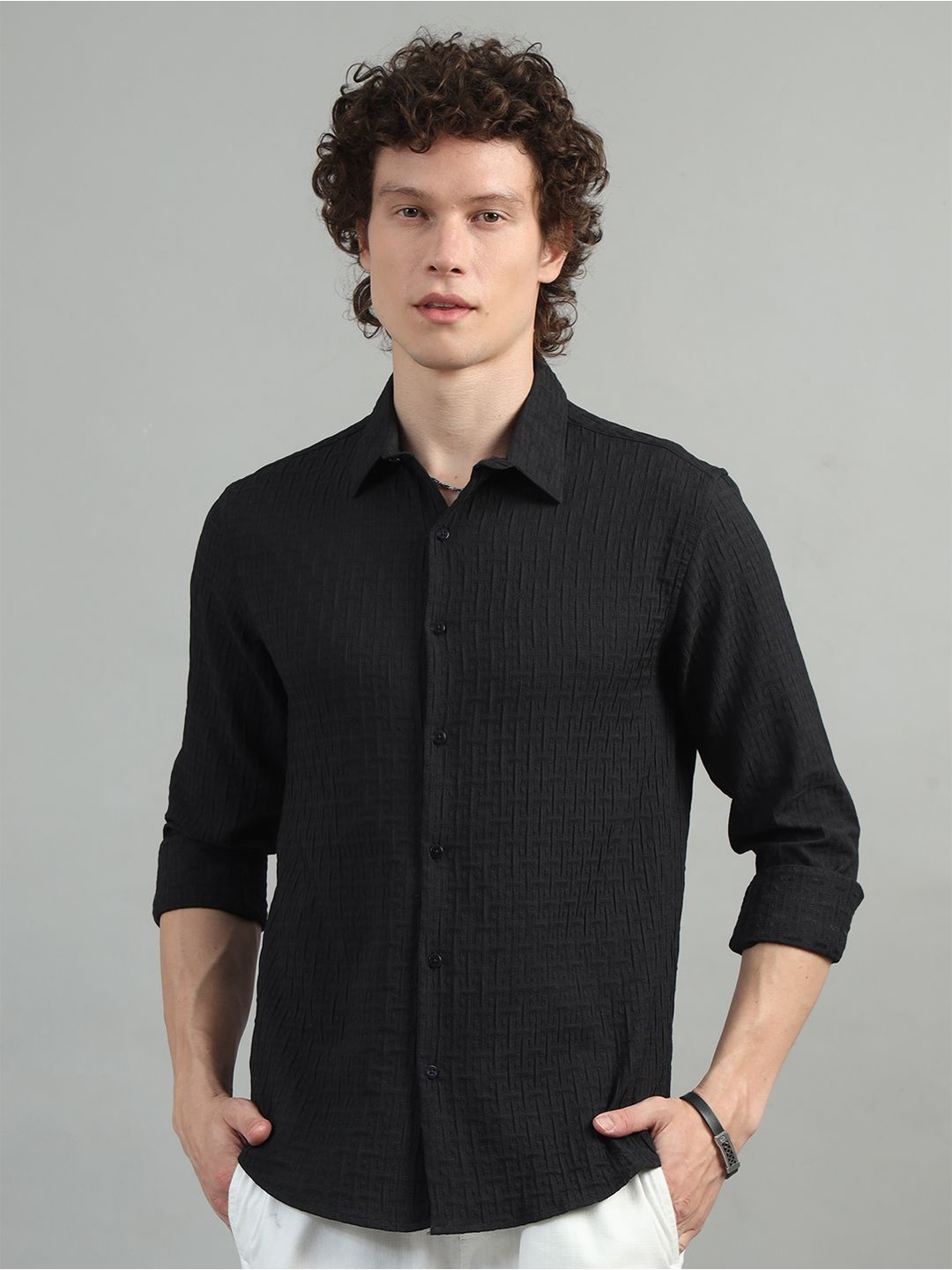 

Bushirt Men Comfort Grid Tattersall Checks Semi Sheer Checked Casual Shirt, Black