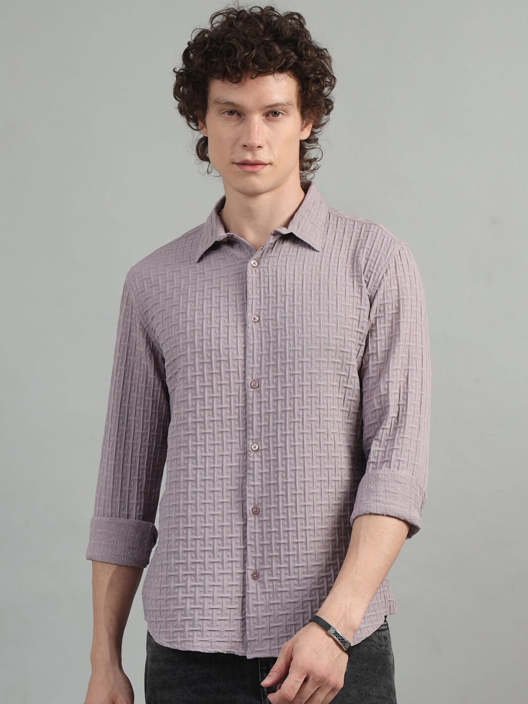 

Bushirt Men Comfort Grid Tattersall Checks Semi Sheer Checked Casual Shirt, Lavender
