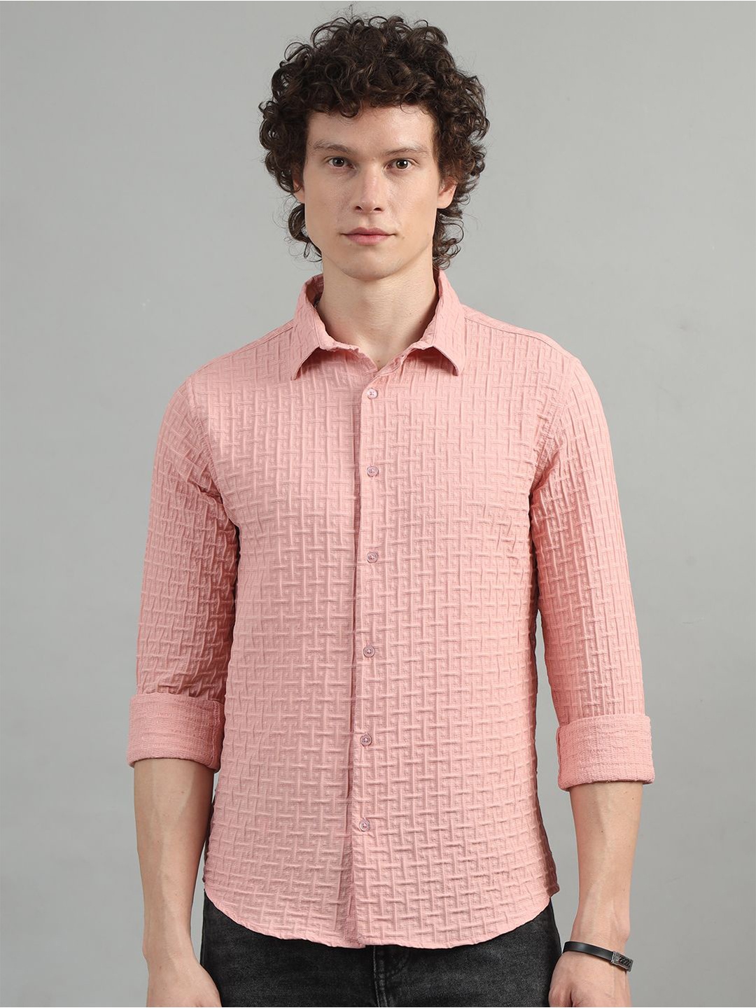 

Bushirt Men Comfort Grid Tattersall Checks Semi Sheer Checked Casual Shirt, Peach